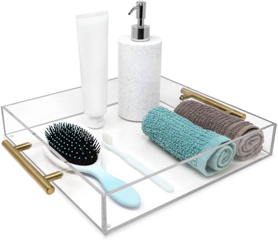 12"x12" Clear Acrylic Serving Tray with Golden Handles, Huge Capacity Sturdy Acrylic Tray for Coffee, Juice, Kitchen and Desk Organizer, Storage Tray (12"x12")