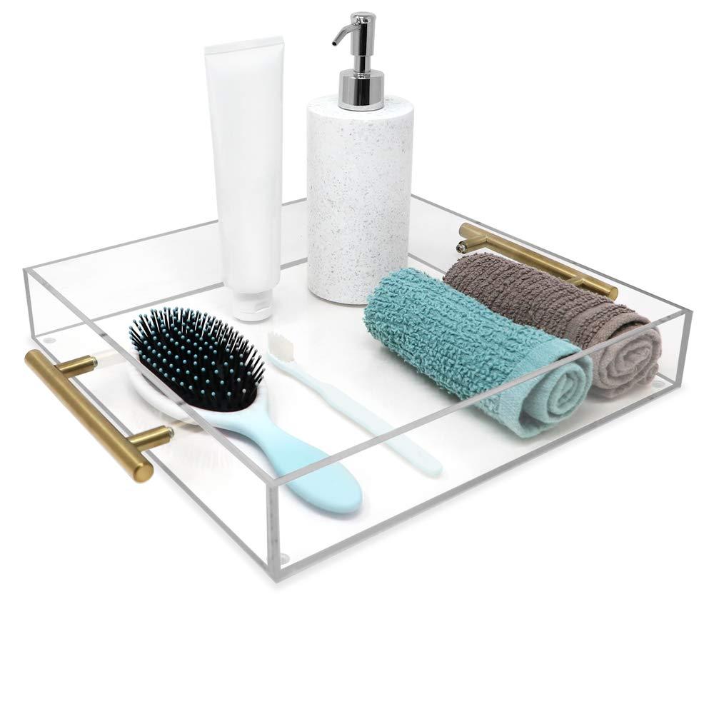 12"x12" Clear Acrylic Serving Tray with Golden Handles, Huge Capacity Sturdy Acrylic Tray for Coffee, Juice, Kitchen and Desk Organizer, Storage Tray (12"x12")