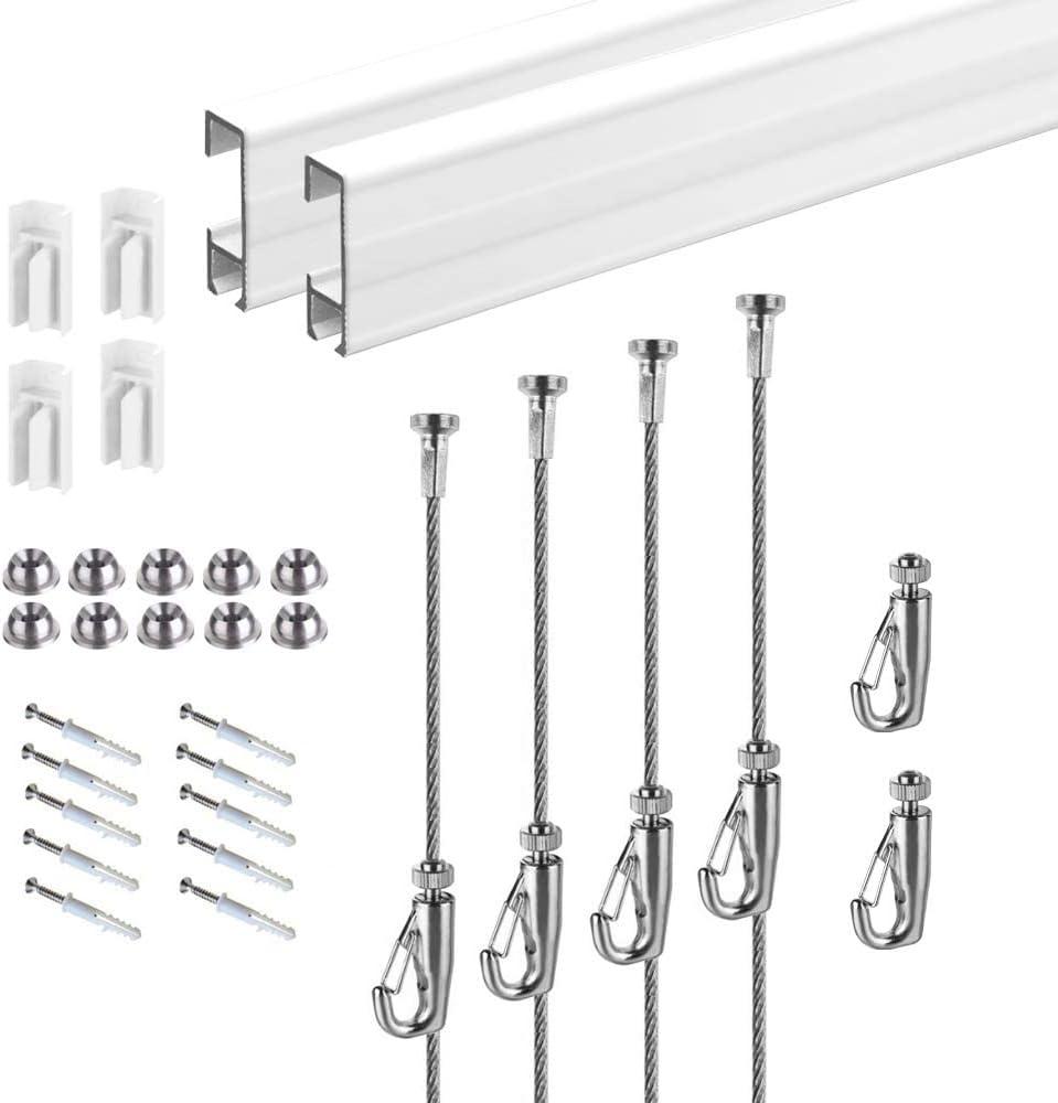 Picture Hanging System Click Rail Kits,in one Set Included Two of White Rails 59", Four of Steel Cables, six of Hooks, Four of end caps, and Installation Hardware