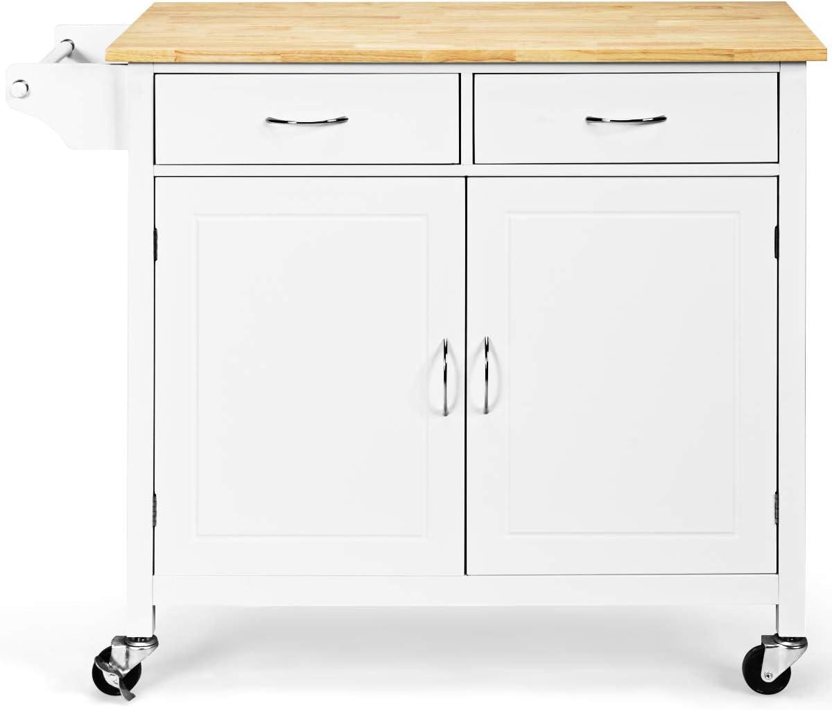 Costway Modern Rolling Kitchen Cart Island Wood Top Storage Trolley Cabinet Utility New White