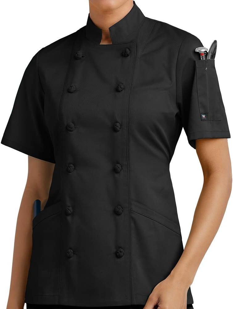 Women's Black Short Sleeve Chef Coat with Knotted Buttons