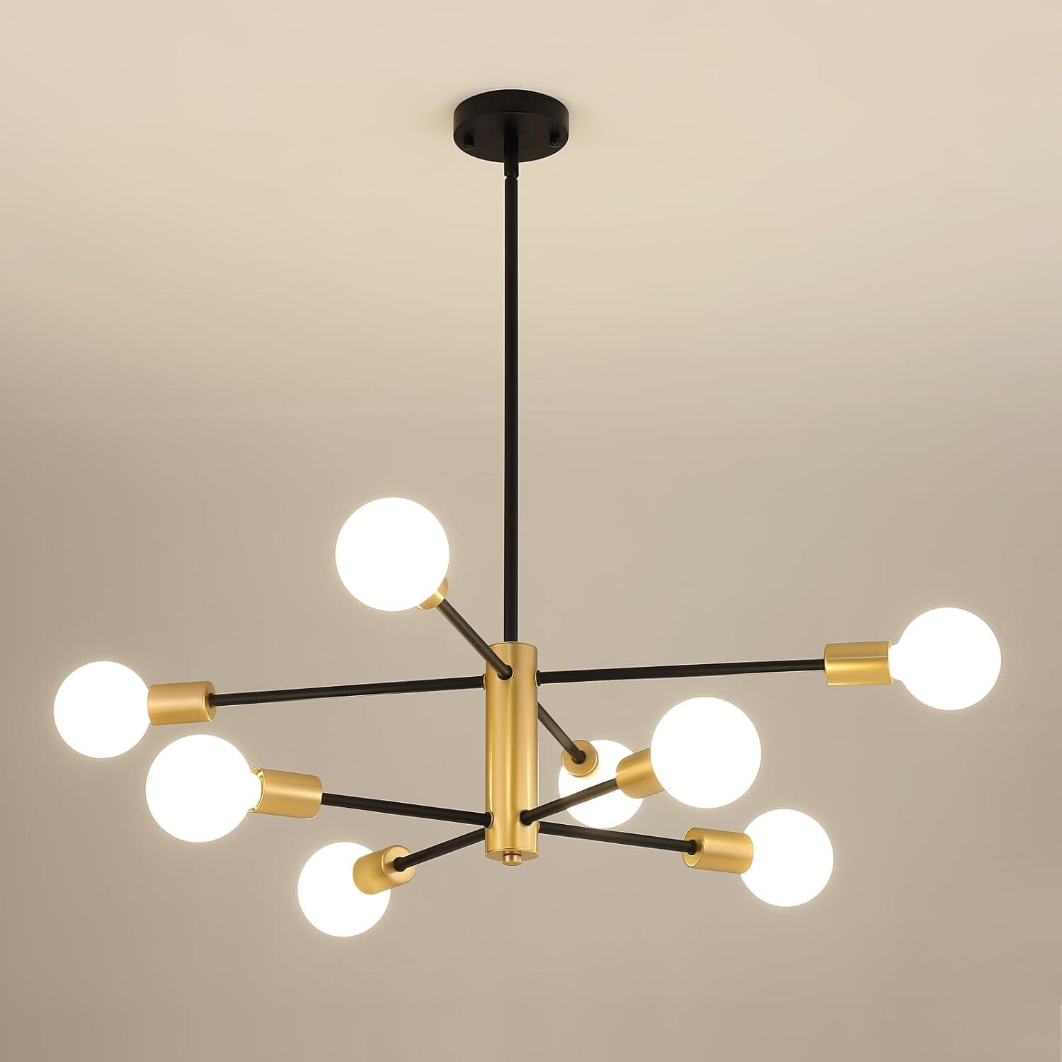 KAISITE Modern Sputnik Chandelier - 8-Light Ceiling Light Fixture Height Adjustable Mid Century Plating Finished Black and Gold Chandelier for Bedroom Living Room Dining Room Kitchen Foyer