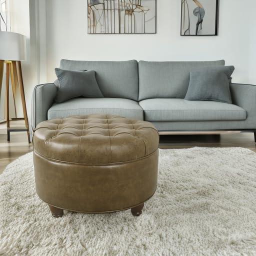 Large Tufted Round Storage Ottoman Faux Leather Distressed Brown - HomePop