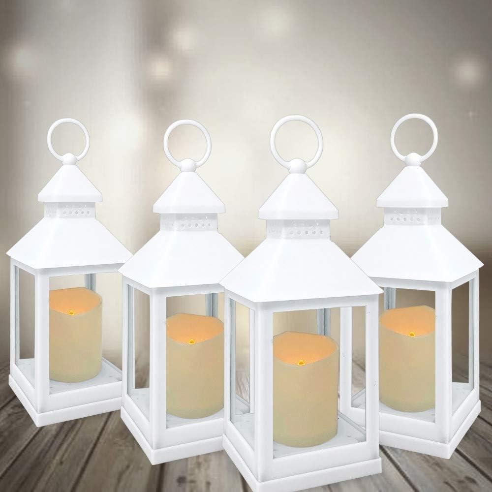 Decorative White Lanterns - Set of 4 - 4 Hour Timer - Remote – 9 3/8"H White LED Lanterns with Flameless Pillar Candles Included - Indoor/Outdoor Lantern Set- Hanging or Sitting Decoration - 9634-4W