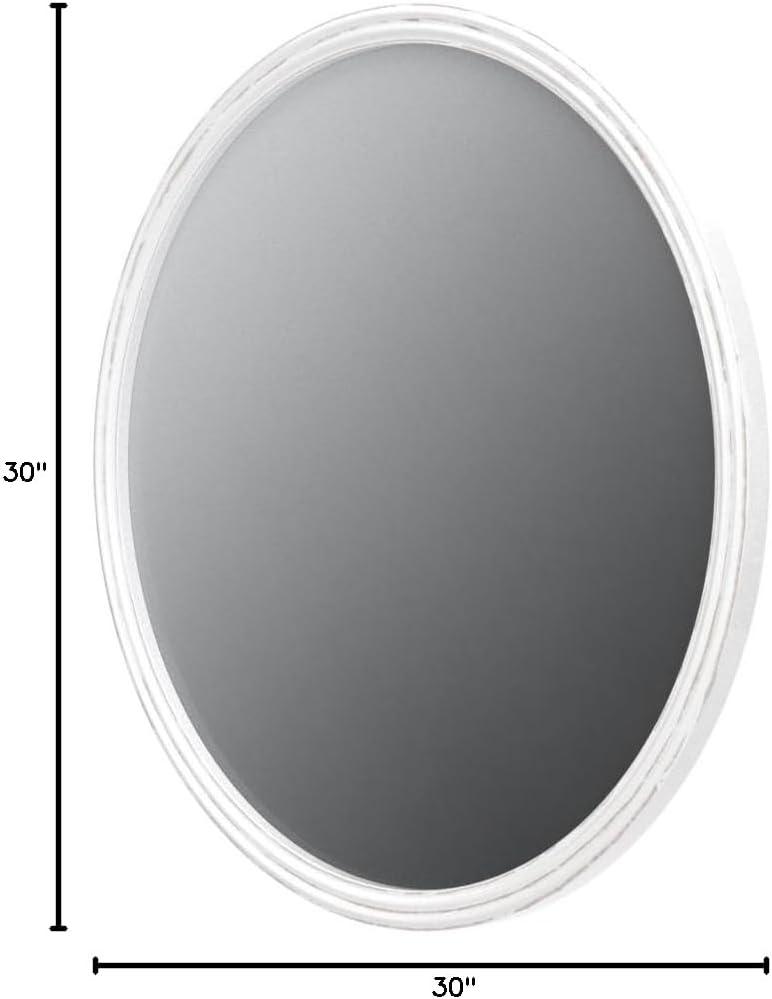 Brewster 30" Round Carved Frame Wall Mirror White: Distressed Finish, No Assembly Required