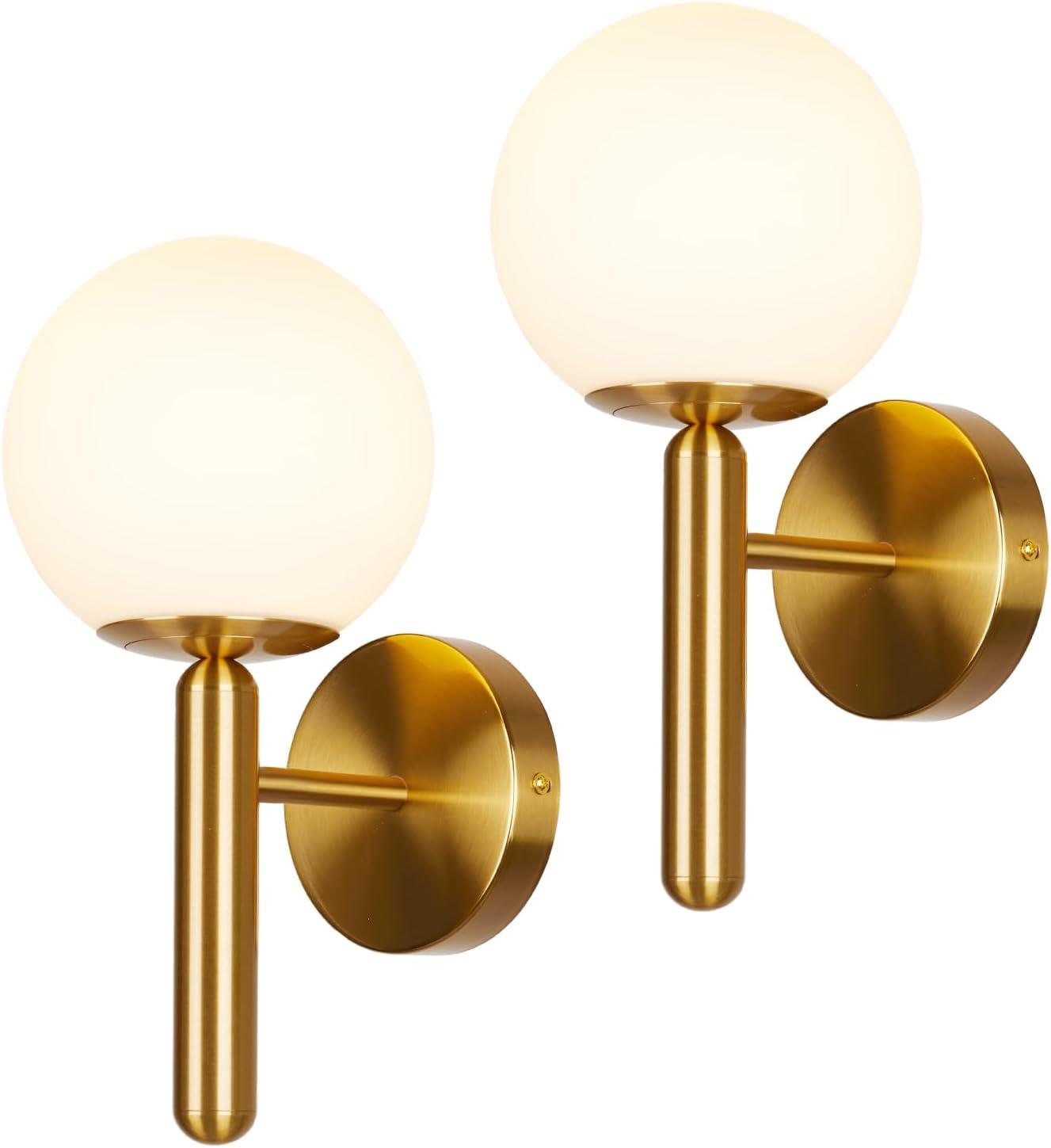 Gold Wall Sconce Set of 2 Globe Glass Wall Light Fixtures Bathroom Vanity Light Mid-Century Modern Wall Sconce Lamp with Frosted Glass Shade for Hallway Bedroom Living Room