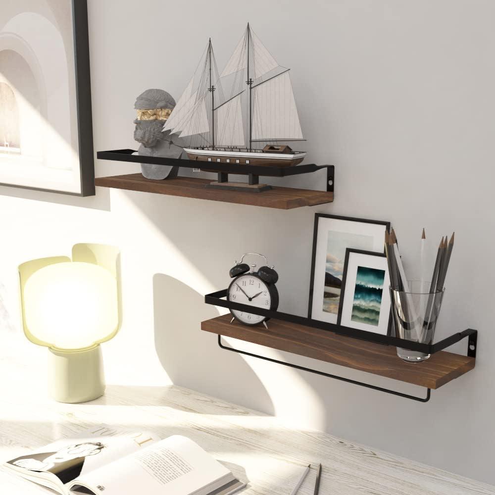 Brown Wood Floating Wall Shelves with Towel Rack