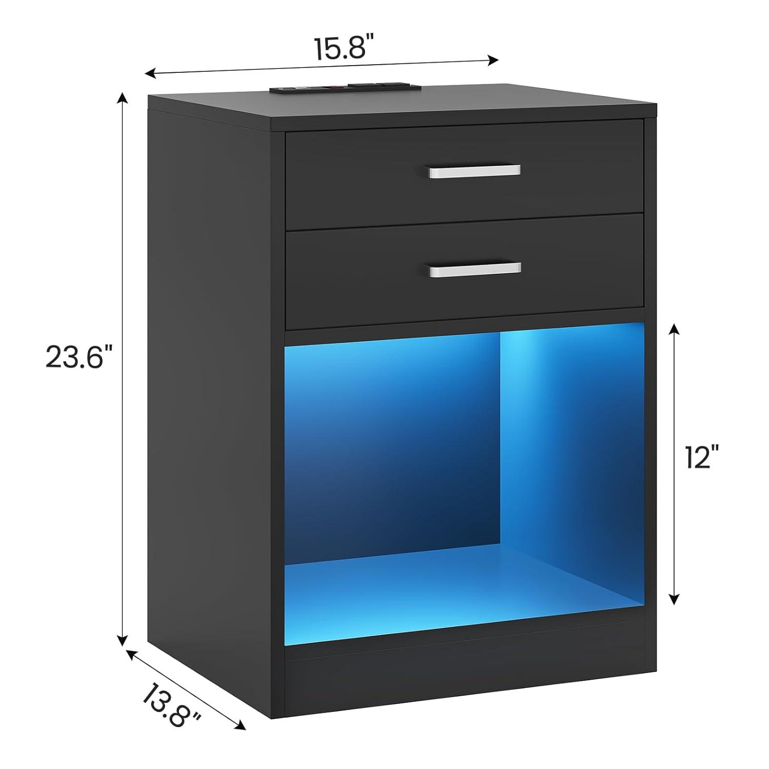 Mesita de Noche con Estación de Carga y Luces LED, Mesita de Noche Moderna con 3 Cajones de Almacenamiento, Diseño de Perfil Curvo, Negro Clásico