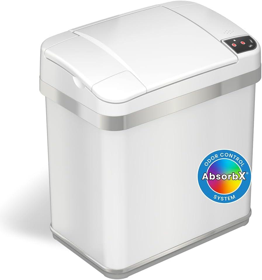 iTouchless Sensor Bathroom Trash Can with AbsorbX Odor Filter and Fragrance 2.5 Gallon White Stainless Steel