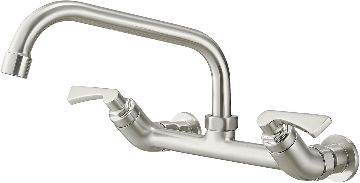 Brushed Nickel Wall Mount Double Handle Kitchen Faucet