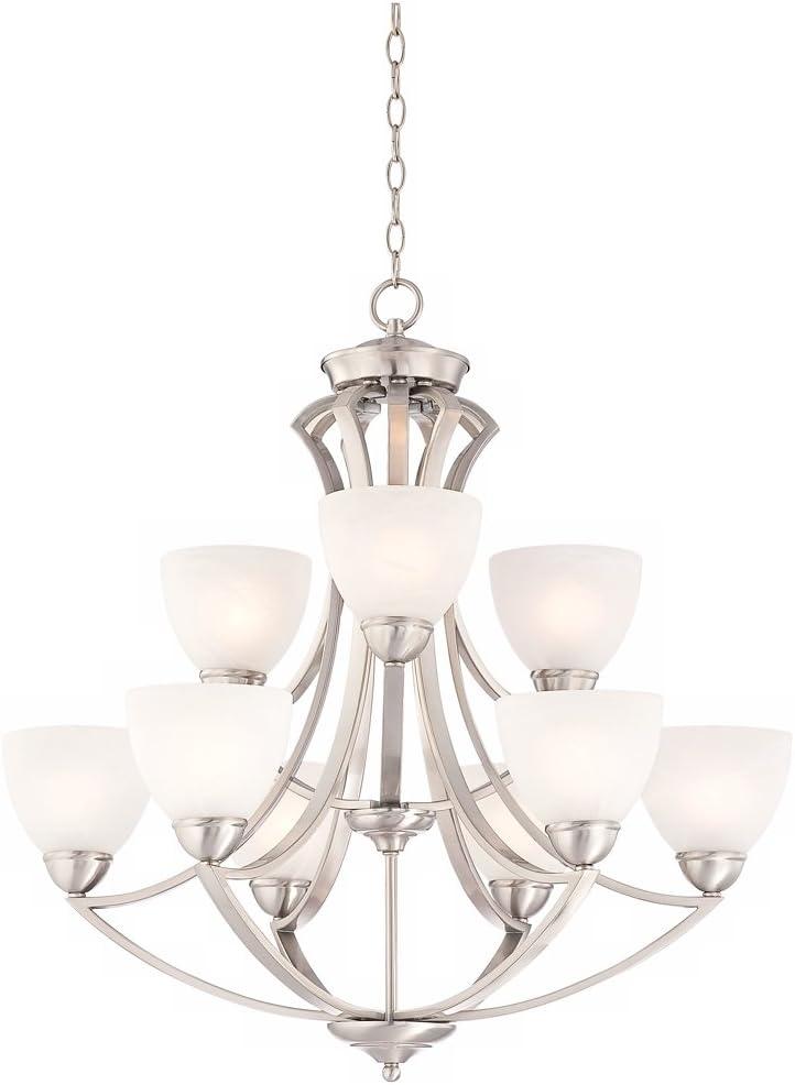 Possini Euro Design Milbury Satin Nickel Chandelier 30" Wide Industrial Tiered White Glass Shade 9-Light Fixture for Dining Room House Kitchen Island