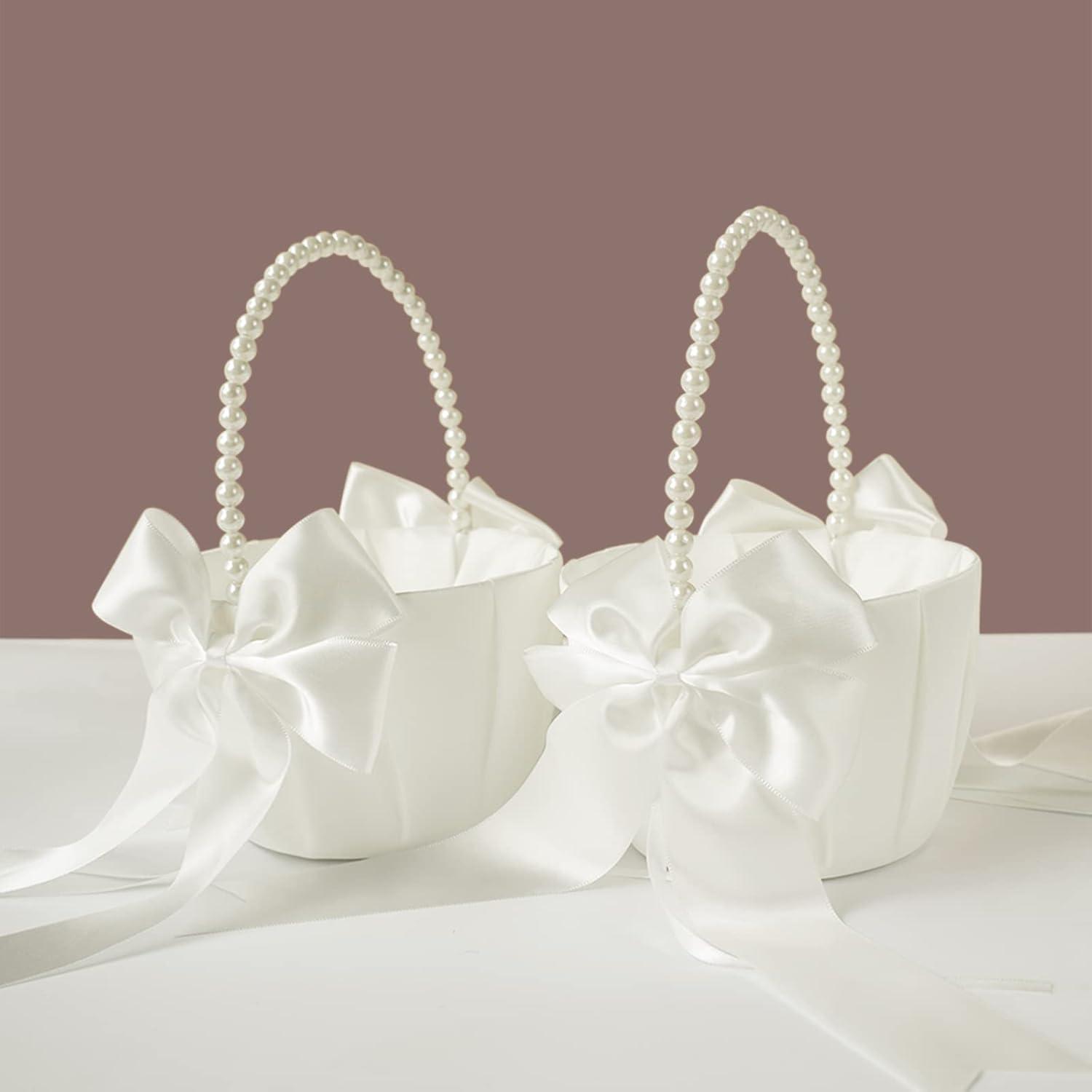 2 PCS Flower Girl Baskets Set- Cute Cherish Wedding Flower Baskets (Ivory)