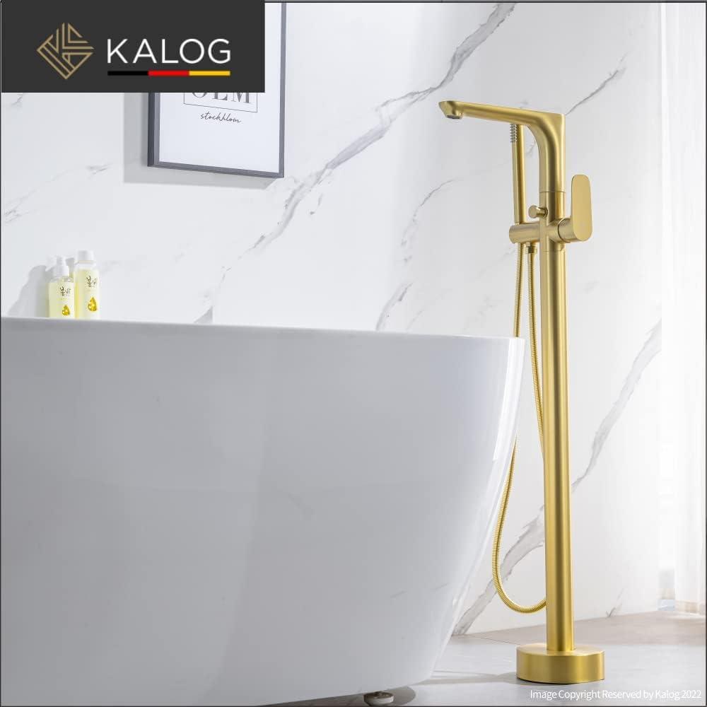 Brushed Gold Freestanding Tub Filler Faucet with Handheld Shower