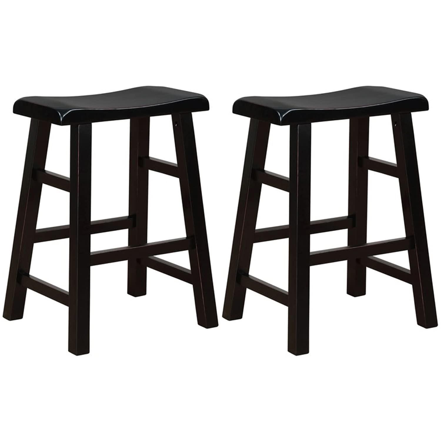 eHemco Heavy-Duty Solid Wood Saddle Seat Kitchen Counter Height Barstools, 24 Inches, Set of 2, Black