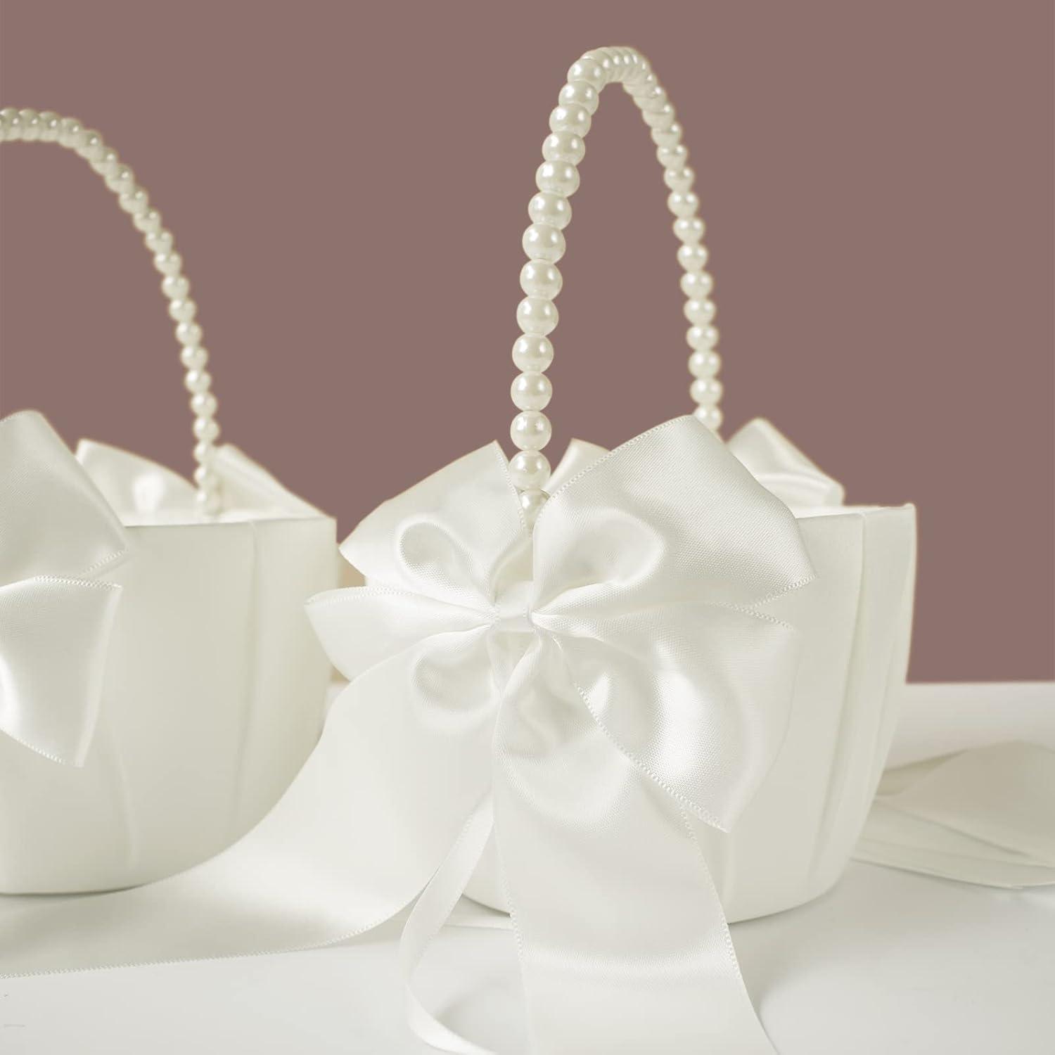 2 PCS Flower Girl Baskets Set- Cute Cherish Wedding Flower Baskets (Ivory)