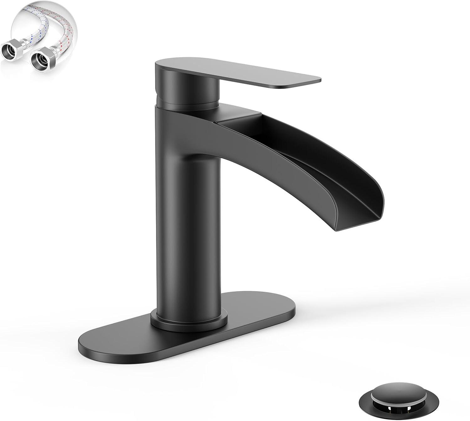 Phiestina Matte Black Single Hole Waterfall Bathroom Sink Faucet Single Handle, with 6-Inch Deck Plate & Metal Pop Up Drain Assembly, NS-SF01-MB