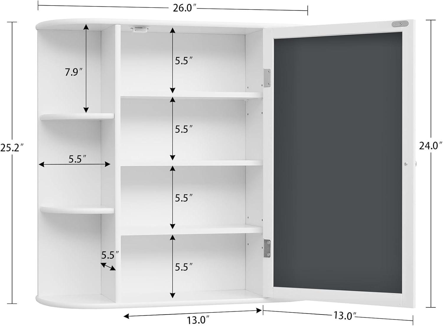 Wall Mounted Cabinet, Wood Hanging Cabinet with Doors and 6 Open Shelves for Placing Towels, Bathroom Wall Mirror Cabinet, White