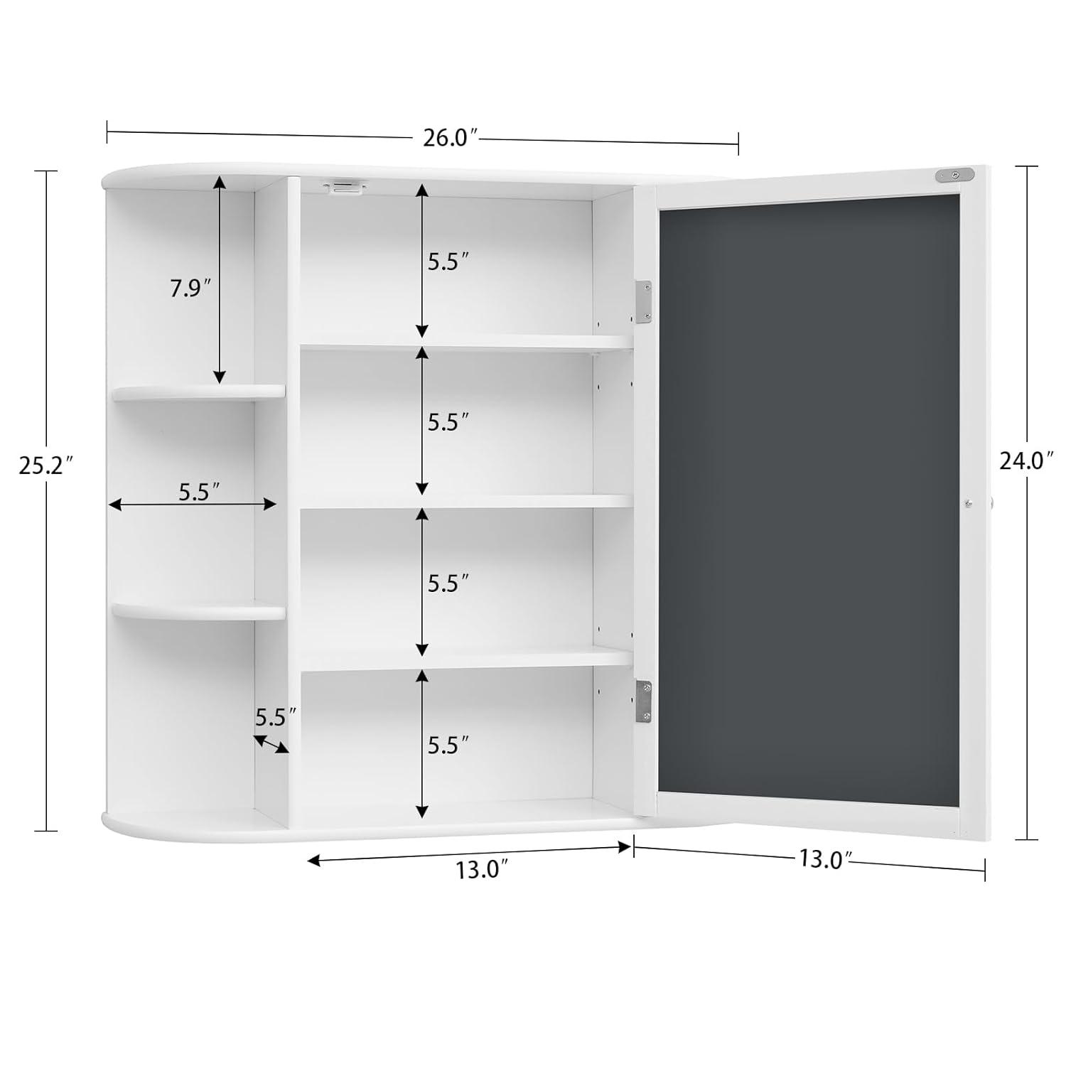 Wall Mounted Cabinet, Wood Hanging Cabinet with Doors and 6 Open Shelves for Placing Towels, Bathroom Wall Mirror Cabinet, White