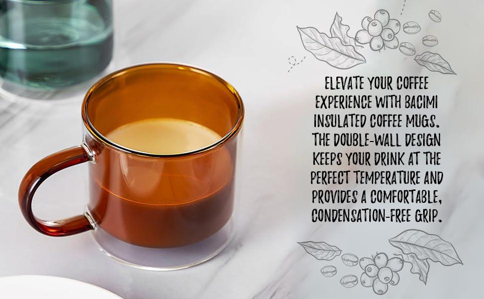 bacimi Bacimi Double Wall Insulated Coffee Mugs (set Of 4 / 9oz) - Clear Borosilicate Mug With Handle - Thermal Drinking Cups For Espresso, Cappuccino, Latte, Tea (Set of 4)