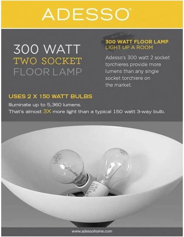 Jessica 300W Torchiere Antique Brass - Adesso: ETL Listed, Dimmable Glass Shade, Metal Body, No Tools Assembly