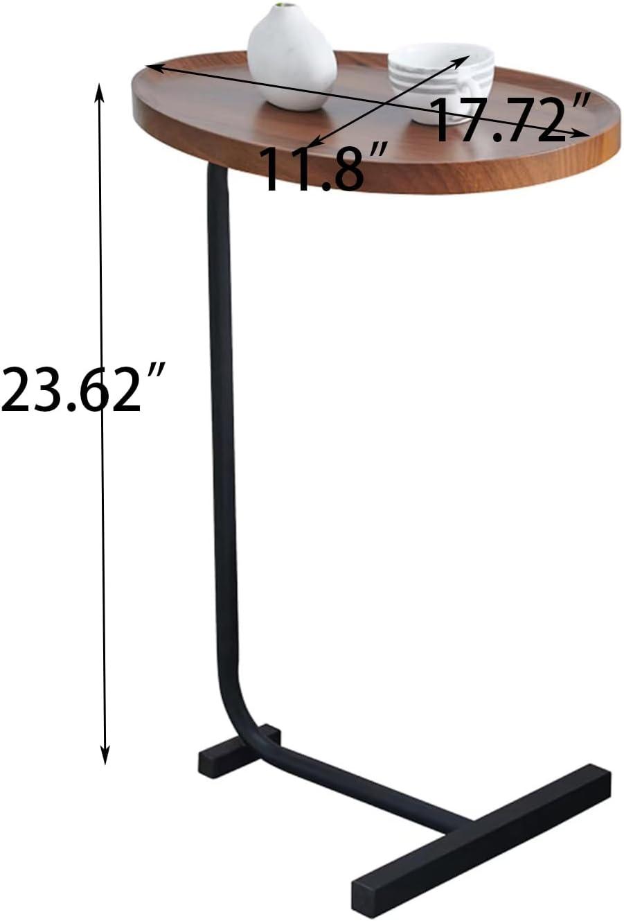 Brown Oval Top C-Shaped Side Table Set with Black Metal Frame