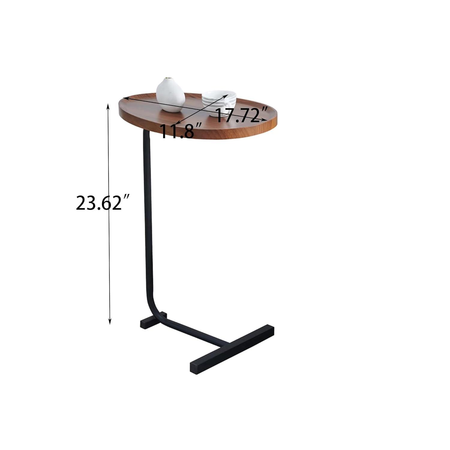 Brown Oval Top C-Shaped Side Table Set with Black Metal Frame