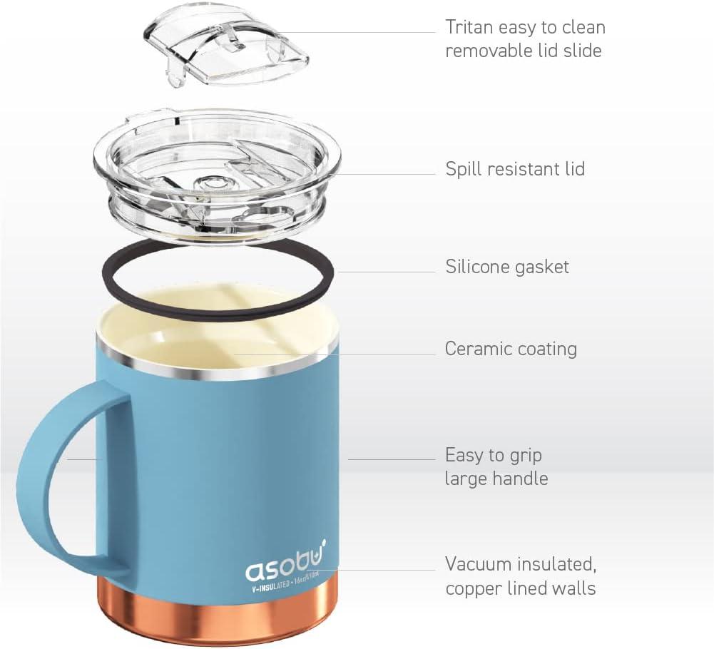 Asobu Ultimate Stainless Steel Ceramic Inner Coating Coffee Mug with Double Walled Copper Lining Insulation, 12 Ounces - (Pink)