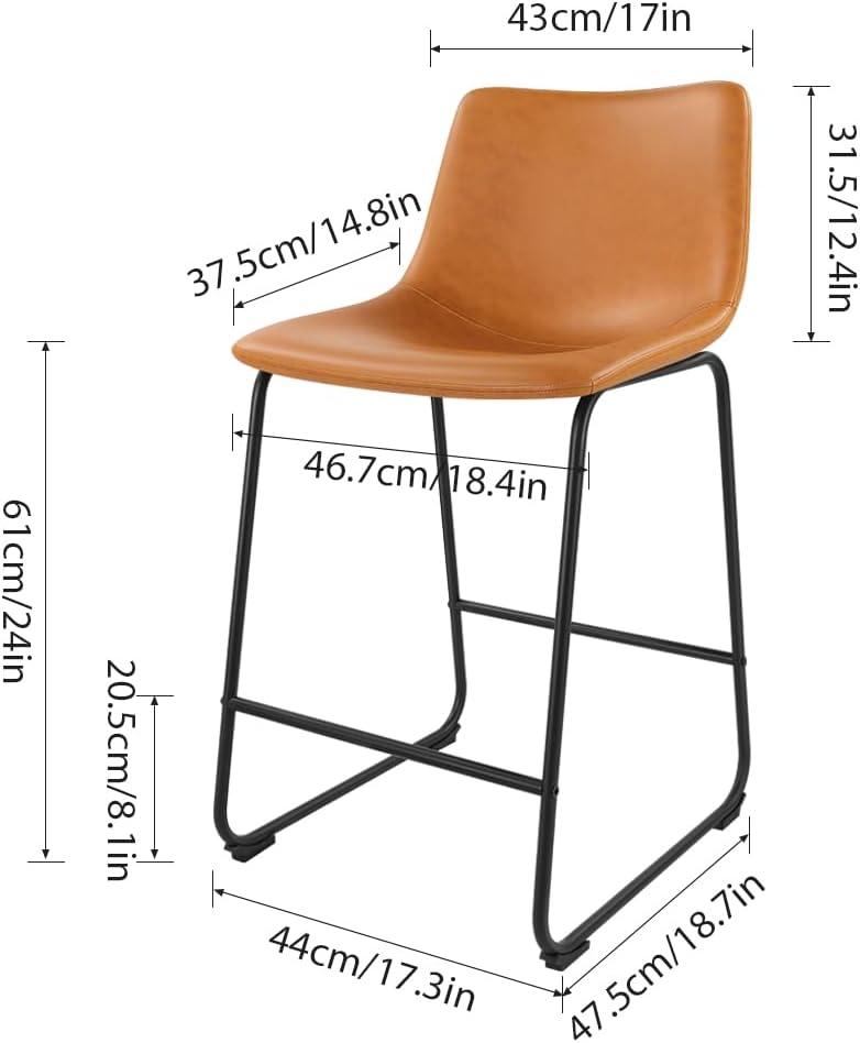 WKWKER Dinning Chairs Set of 2 Faux Leather Industrial Chair Counter Height Chair Metal Legs with Footrest Kitchen Chair for Home Bar Coffee Shop Patio Dining Chair Height 19’’ (Brown, 2pcs)