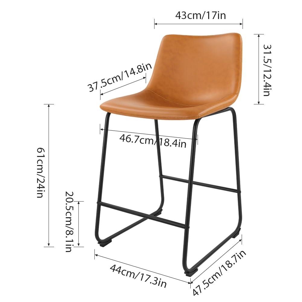 WKWKER Dinning Chairs Set of 2 Faux Leather Industrial Chair Counter Height Chair Metal Legs with Footrest Kitchen Chair for Home Bar Coffee Shop Patio Dining Chair Height 19’’ (Brown, 2pcs)