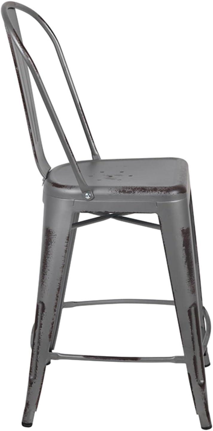 Flash Furniture Commercial Grade 24" High Distressed Silver Gray Metal Indoor-Outdoor Counter Height Stool with Back