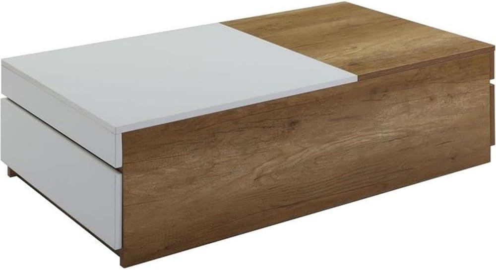 Aafje 49" Coffee Tables Oak/White Finish - Acme Furniture: Rectangular Living Room Table with Adjustable Shelves, Drawer