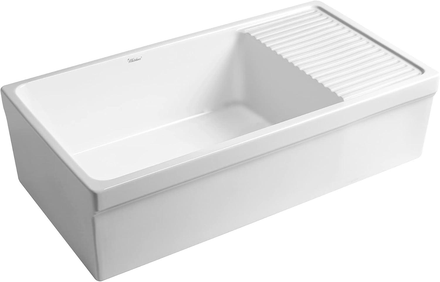 Whitehaus Collection 36” Single Bowl Fireclay Kitchen Sink: Integral Drainboard, Lip Front Apron