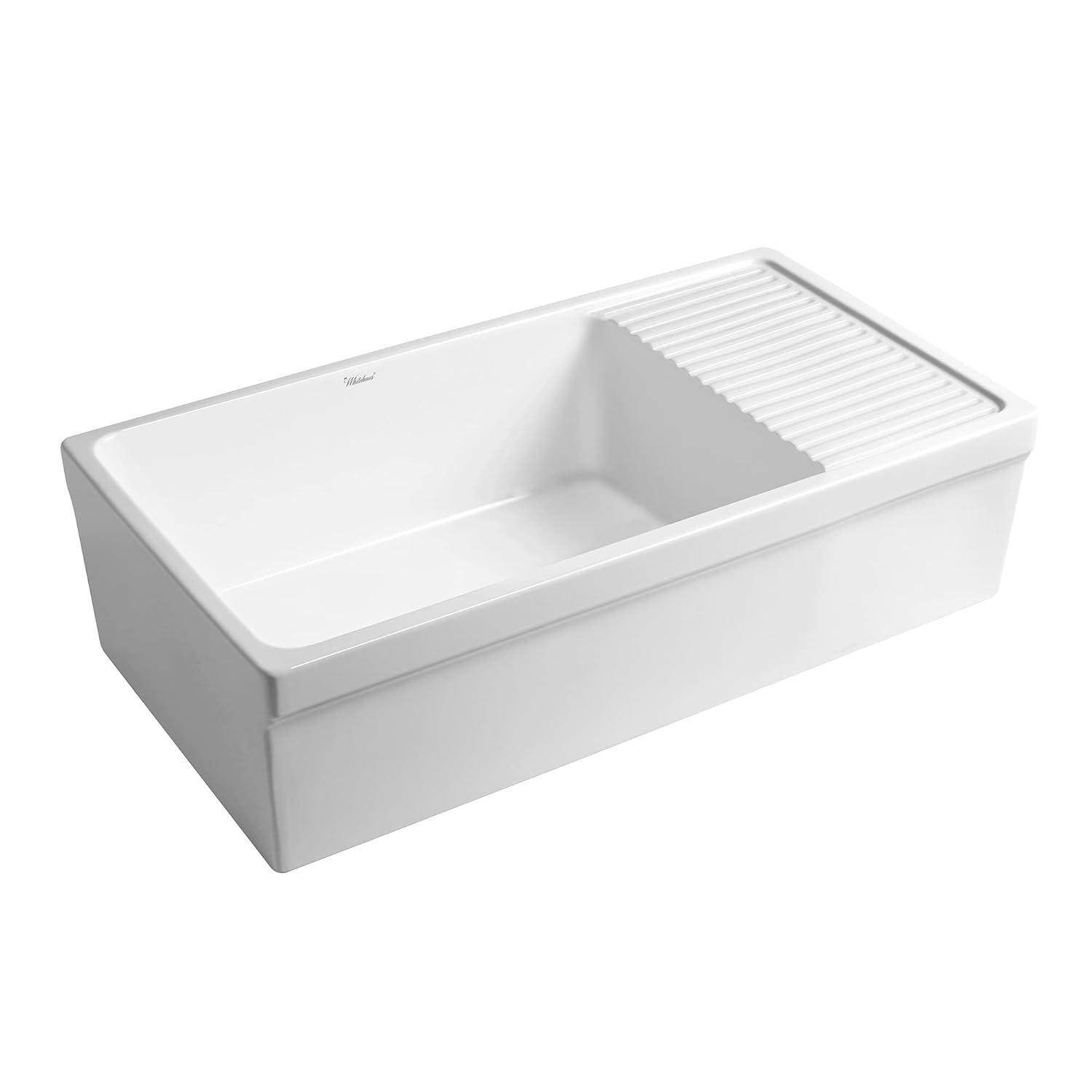 Whitehaus Collection 36” Single Bowl Fireclay Kitchen Sink: Integral Drainboard, Lip Front Apron