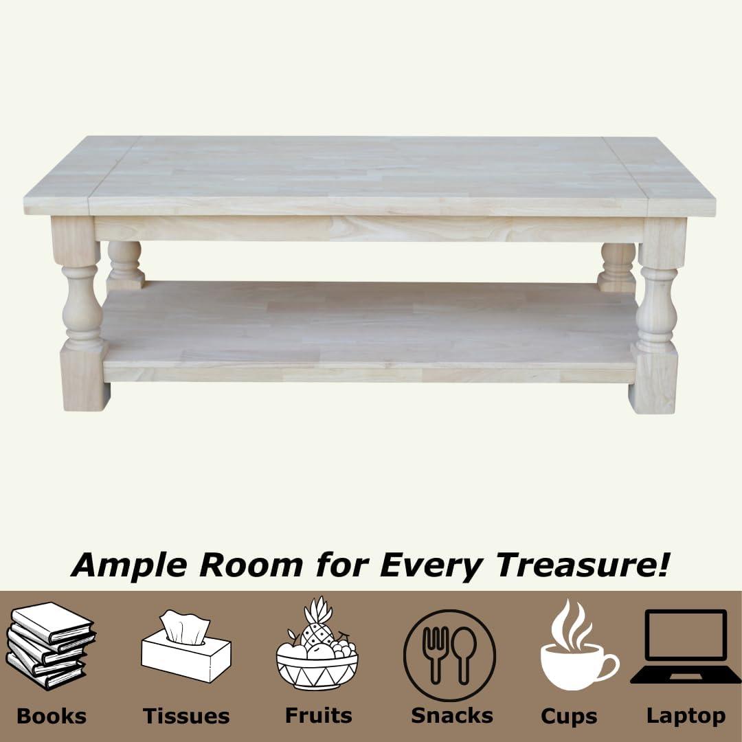 Tuscan Coffee Table - Unfinished - International Concepts: 56" Large Hardwood Coffee Table for Living Room with Fixed Shelf