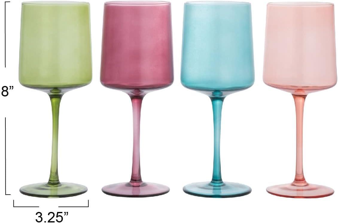 Creative Co-Op Hand Blown Stemmed Wine Glasses, 14 Ounces, 4 Assorted Colors