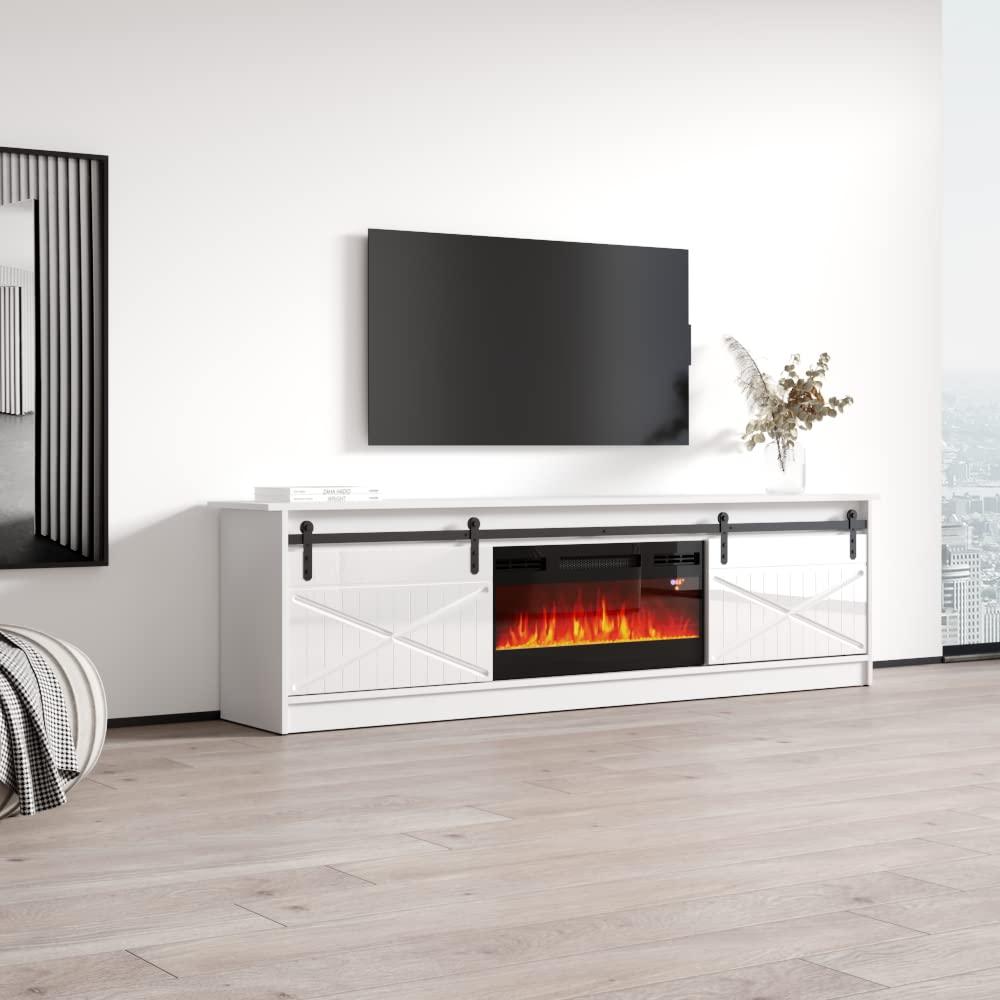 Granero BL-EF Fireplace TV Stand for TVs up to 90", Modern High Gloss 79" Entertainment Center, Electric Fireplace TV Media Console with Storage Cabinets