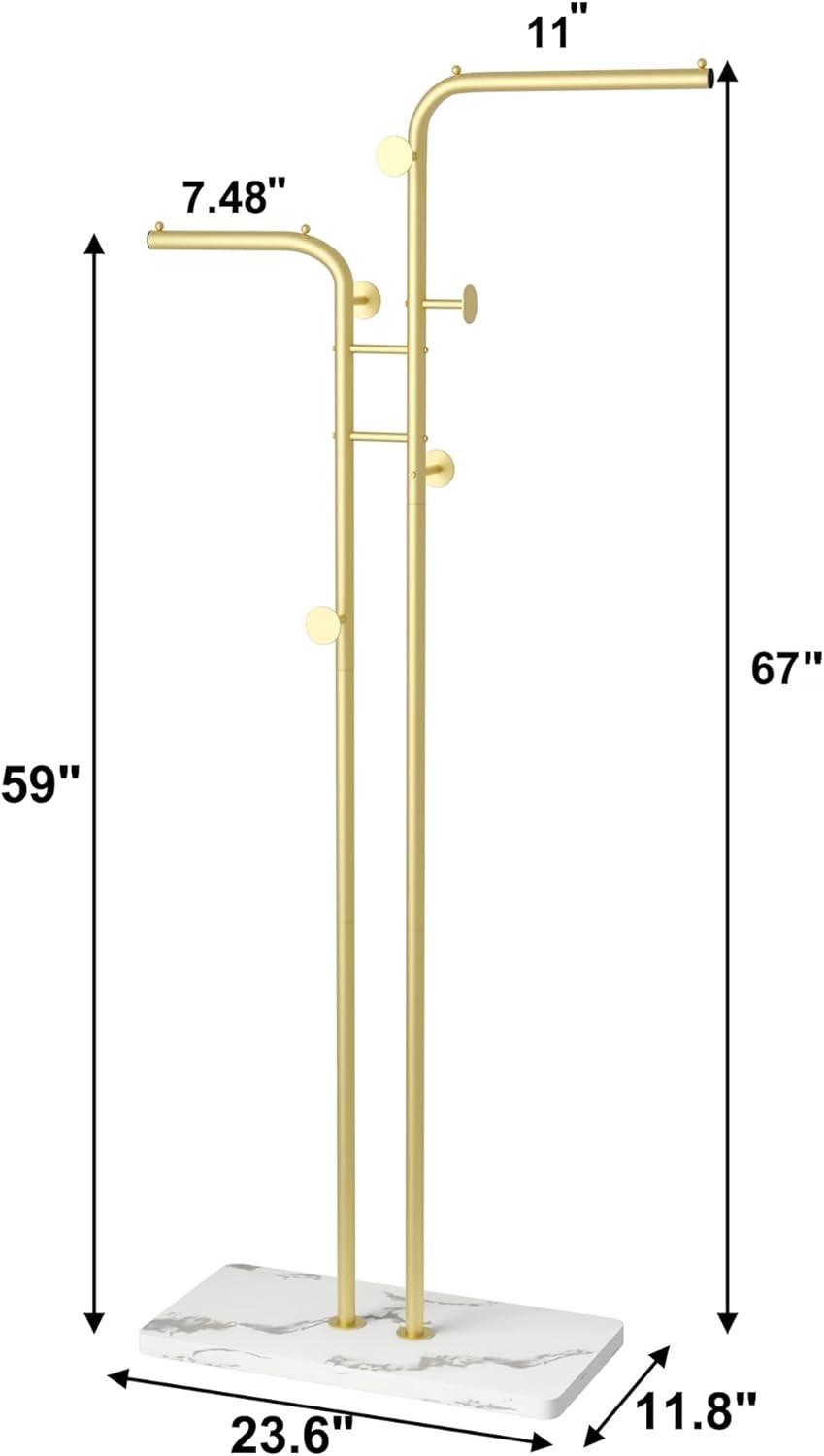 Gold Freestanding Metal Coat Rack with Marble Base and 5 Hooks