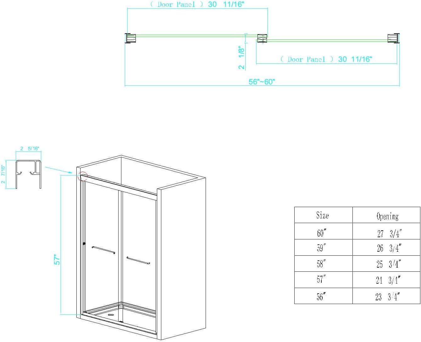 KUNMINGZHUHE Sliding Glass Tub Door 56-60 In. W X 57 In. H, Semi Frameless Double Bathtub Door, Certified Thick Clear Clear Tempered Glass, 304 Stainless Steel Handles. ZH2842-W2269P144318