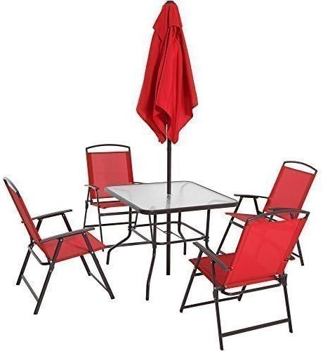Mainstays Albany Lane Steel 6-Piece Outdoor Patio Dining Set with Umbrella, Red