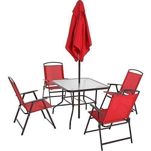Mainstays Albany Lane Steel 6-Piece Outdoor Patio Dining Set with Umbrella, Red