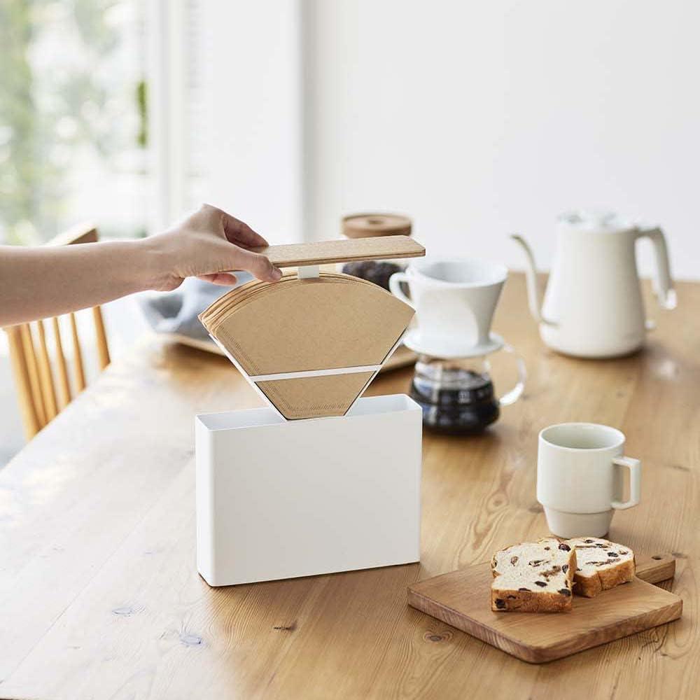 White Steel and Wood Coffee Filter Case with Lid