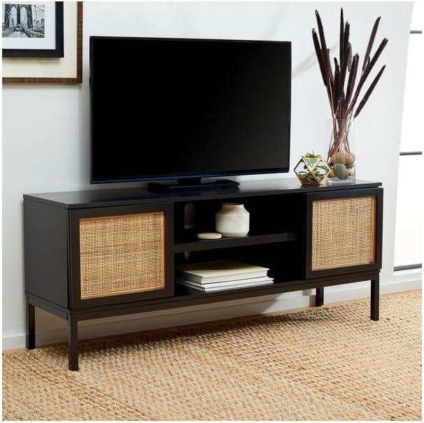 Zadie 2 Shelf Rattan Media Stand - Black/Natural - Safavieh