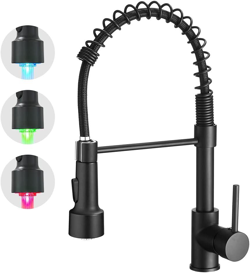 Matte Black LED Kitchen Faucet with Pull Down Sprayer and Soap Dispenser