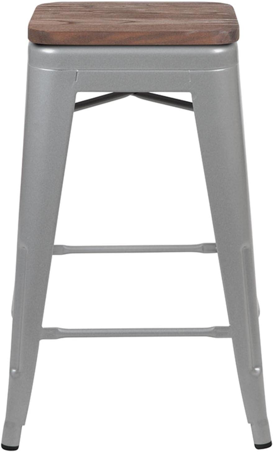 Flash Furniture 24" High Metal Counter-Height, Indoor Bar Stool with Wood Seat in Silver - Stackable Set of 4