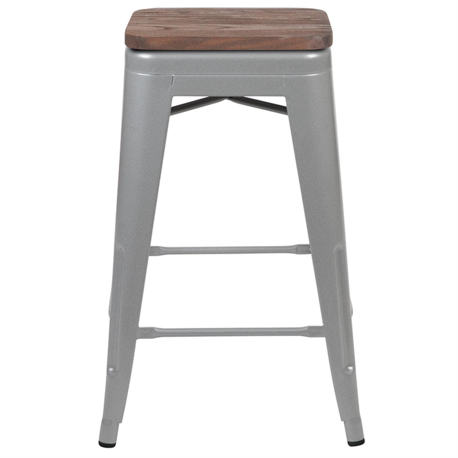 Flash Furniture 24" High Metal Counter-Height, Indoor Bar Stool with Wood Seat in Silver - Stackable Set of 4