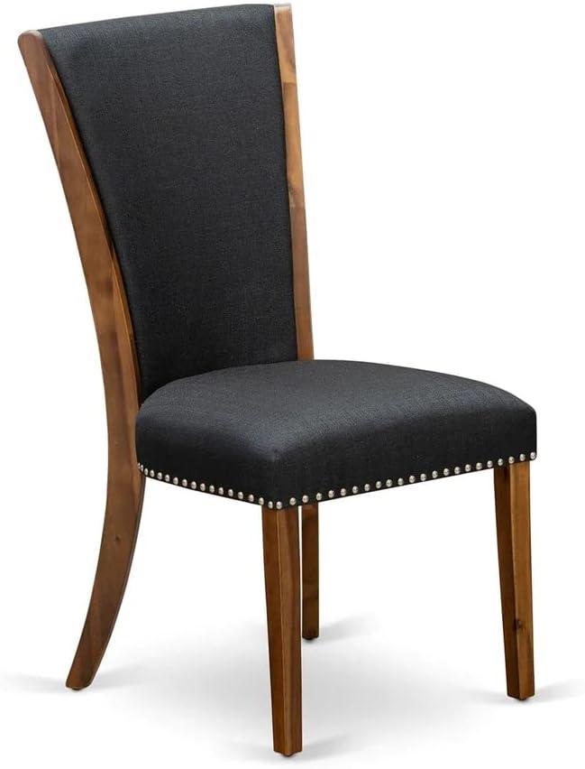 Verona Antique Walnut Wooden Frame Dining Chair with Black Linen Fabric Seat with Nail Head & Stylish Back - Set of 2