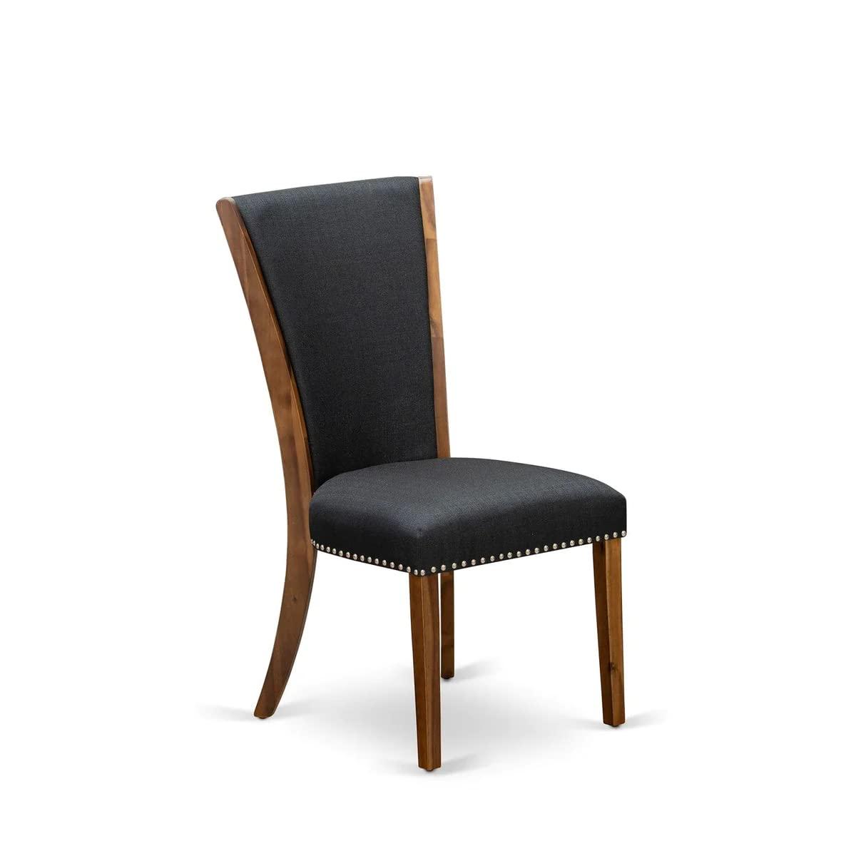 Verona Antique Walnut Wooden Frame Dining Chair with Black Linen Fabric Seat with Nail Head & Stylish Back - Set of 2