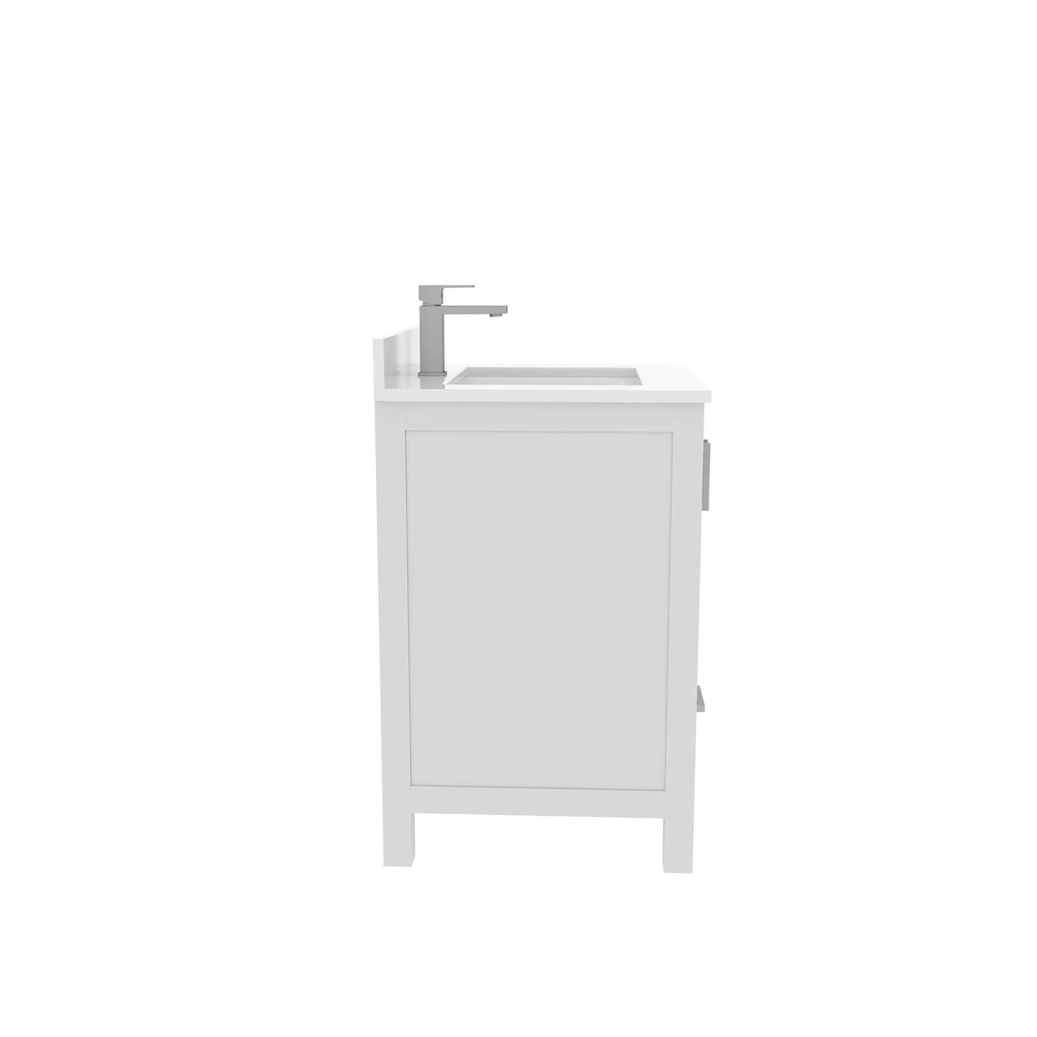 Ayna Decors Rooh 24 in White Bathroom Vanity Set with White Quartz Countertop | Ceramic Sink | 2 Soft Closing Doors | 1 Full Extention Soft Close Drawer | Brushed Nickel Hardware | AVR24WH3002