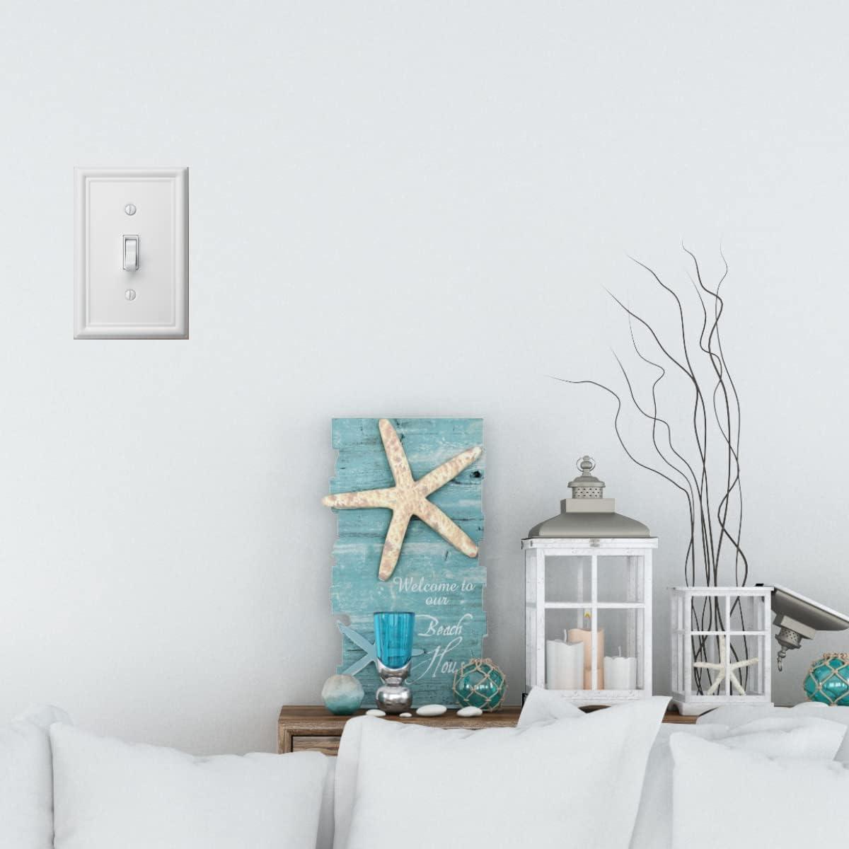 Modern Decorative Wall Plate Switch Plate Outlet Cover, Vintage Retro Wood Grain Design(Single Toggle-4 Pack, White)