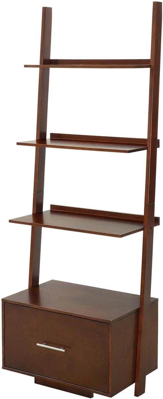 Espresso Ladder Bookcase with Spacious Tiers and File Drawer